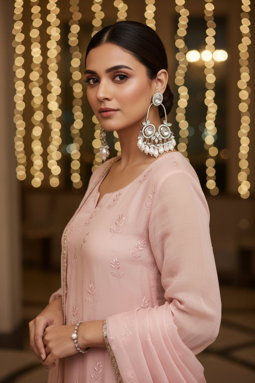 Pair of ornate earrings with pearls and crystals on a satin background