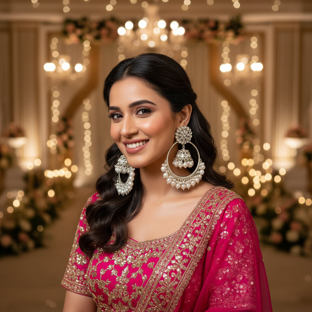 Pair of silver and pearl earrings on a satin surface
