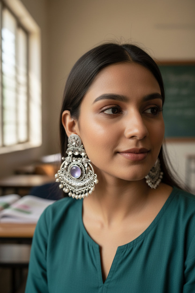 Ornate silver earrings with purple gemstones on a red fabric background