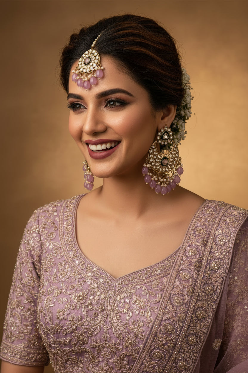 LAVENDER HEER STATEMENT EARRINGS WITH MANGTIKA