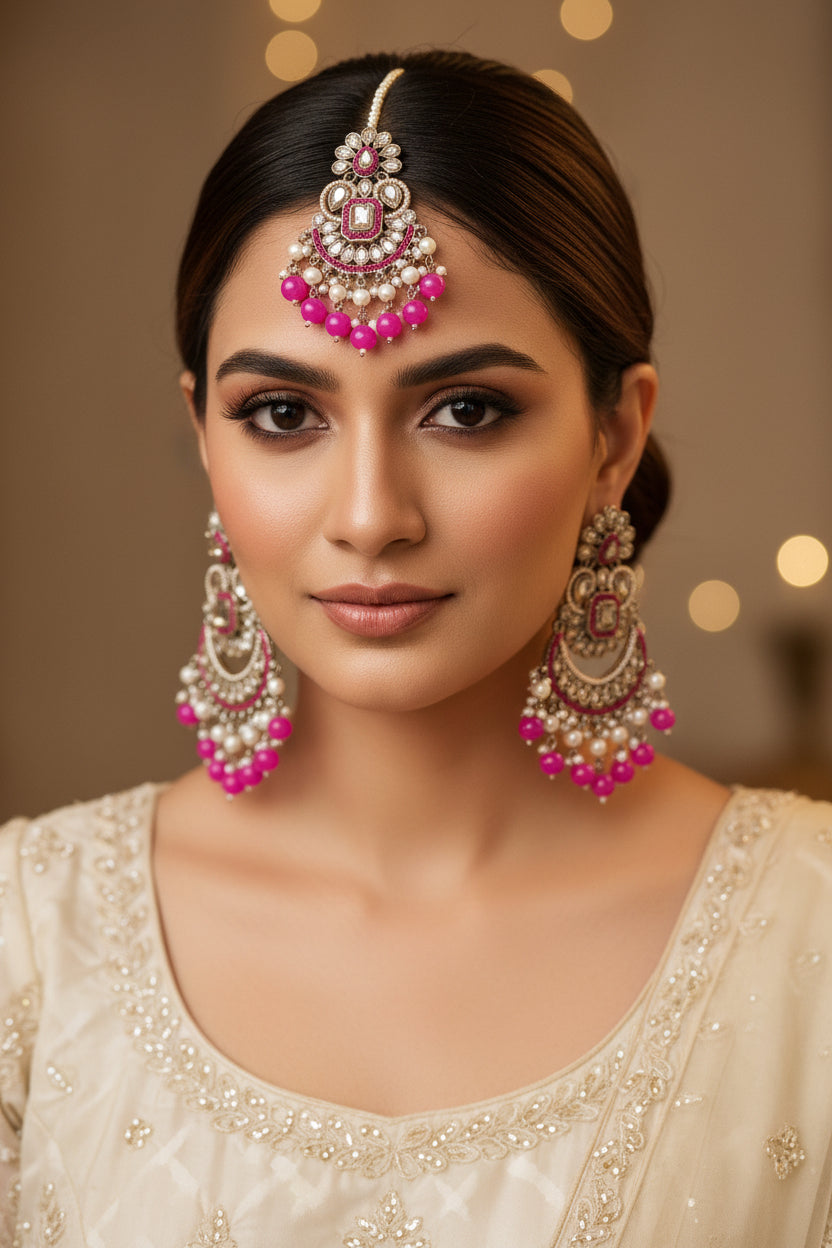 GULABI HEER STATEMENT EARRINGS WITH MANGTIKA